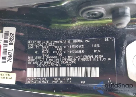 2015 Toyota Sequoia Platinum 5.7L V8 z USA, uszkodzony, nr VIN 5TDYY5G14FS059436